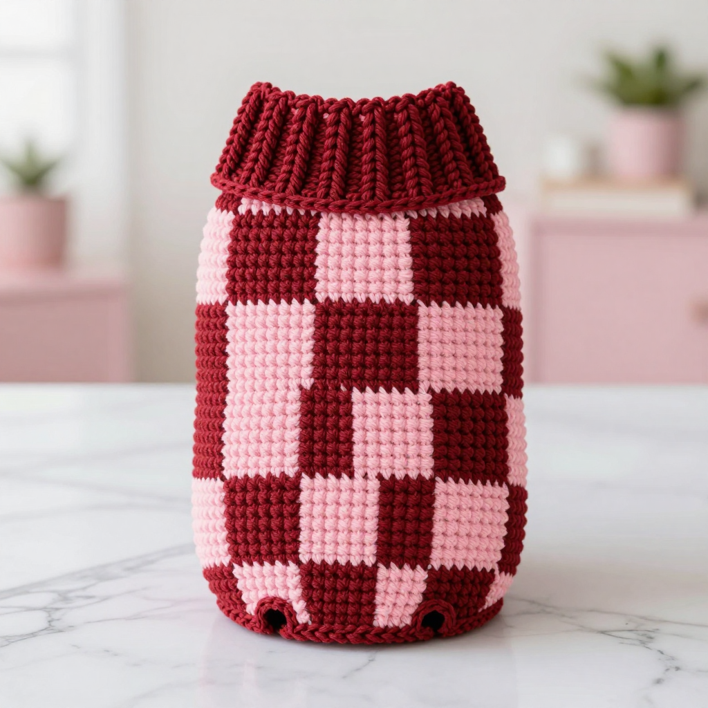 Cherry Checkerboard Folk Coat: Free Crochet Dog Sweater Pattern with Tunisian Knit Stitch