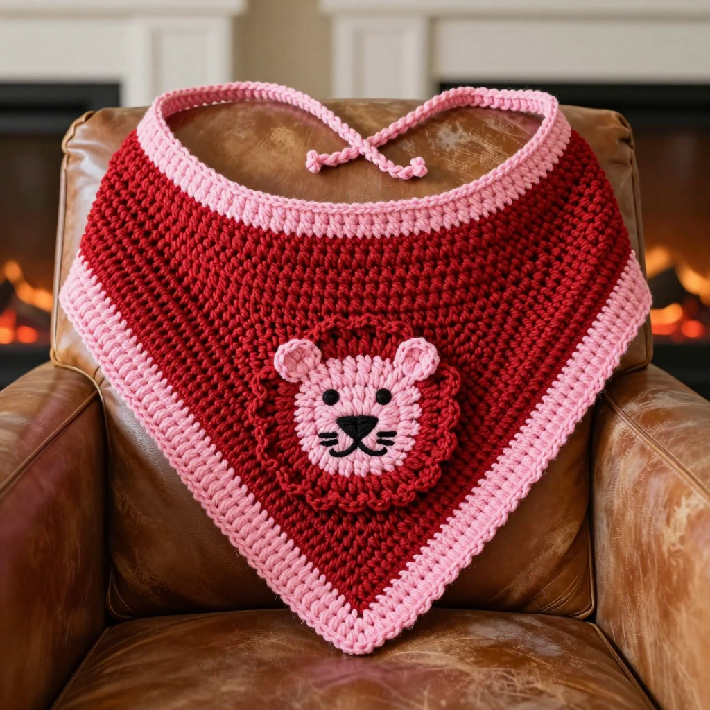 Cherry and Pink Lion Bandana Bib Free Crochet Pattern