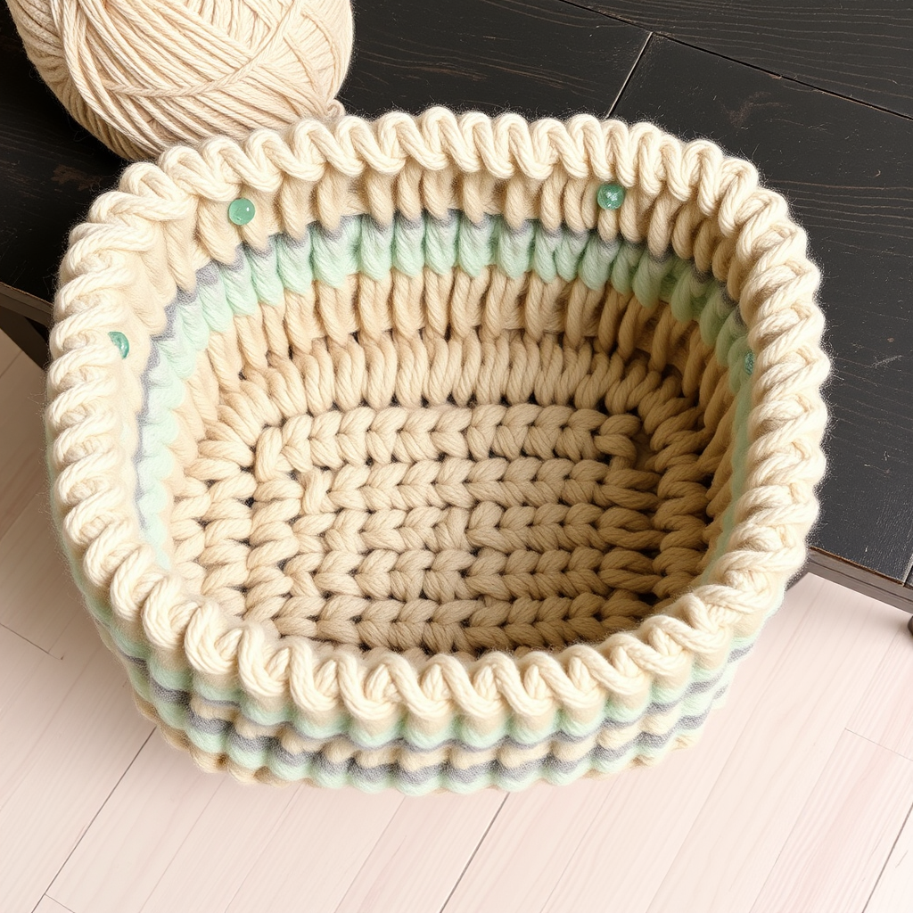The Coastal Driftwood Stripe Basket Free Pattern – A Knitted Chunky Yarn Storage Tote with Woven Sea-Glass Accents