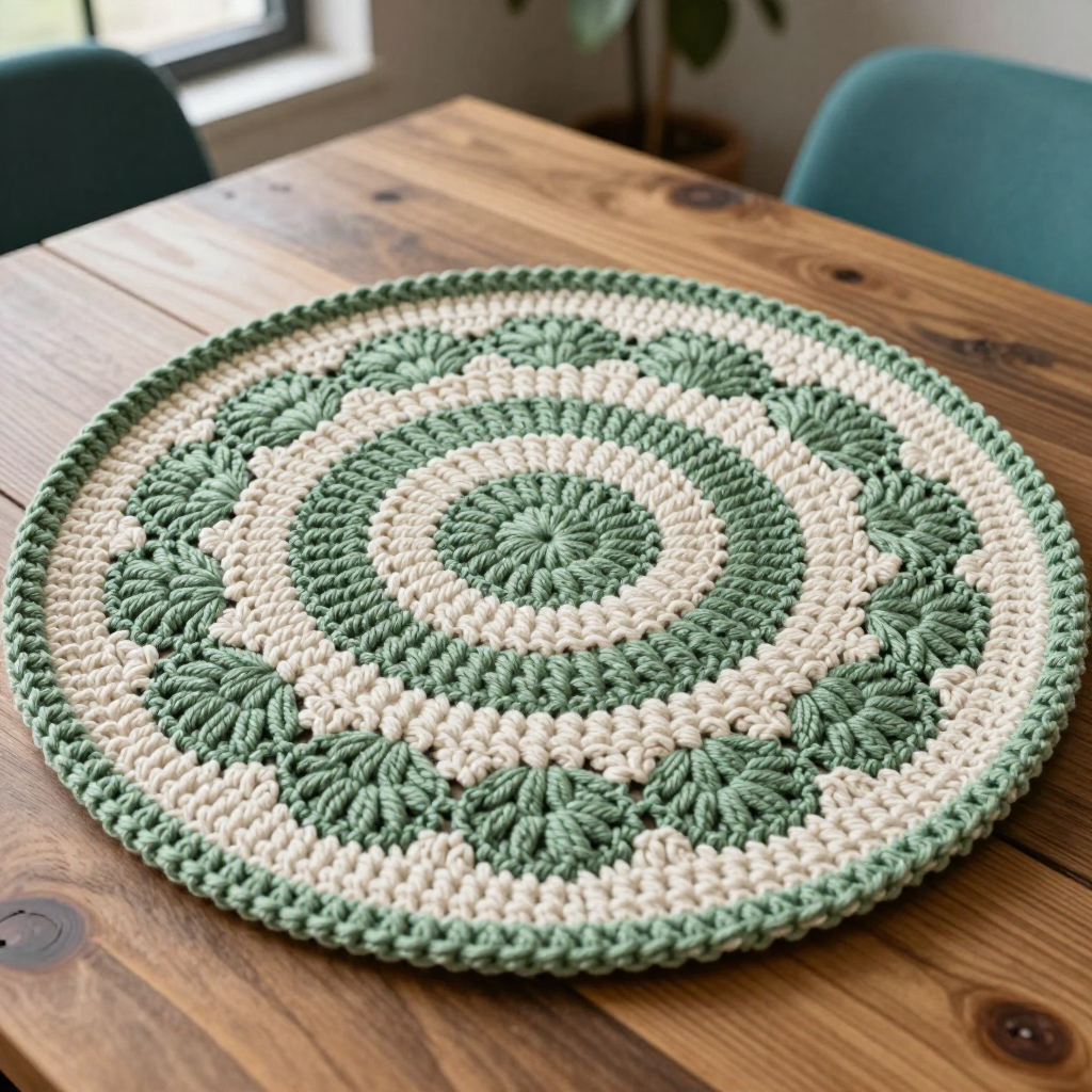 Retro Wheel Hot Pad Crochet Free Pattern: Mid-Century Sage & Cream Trivet