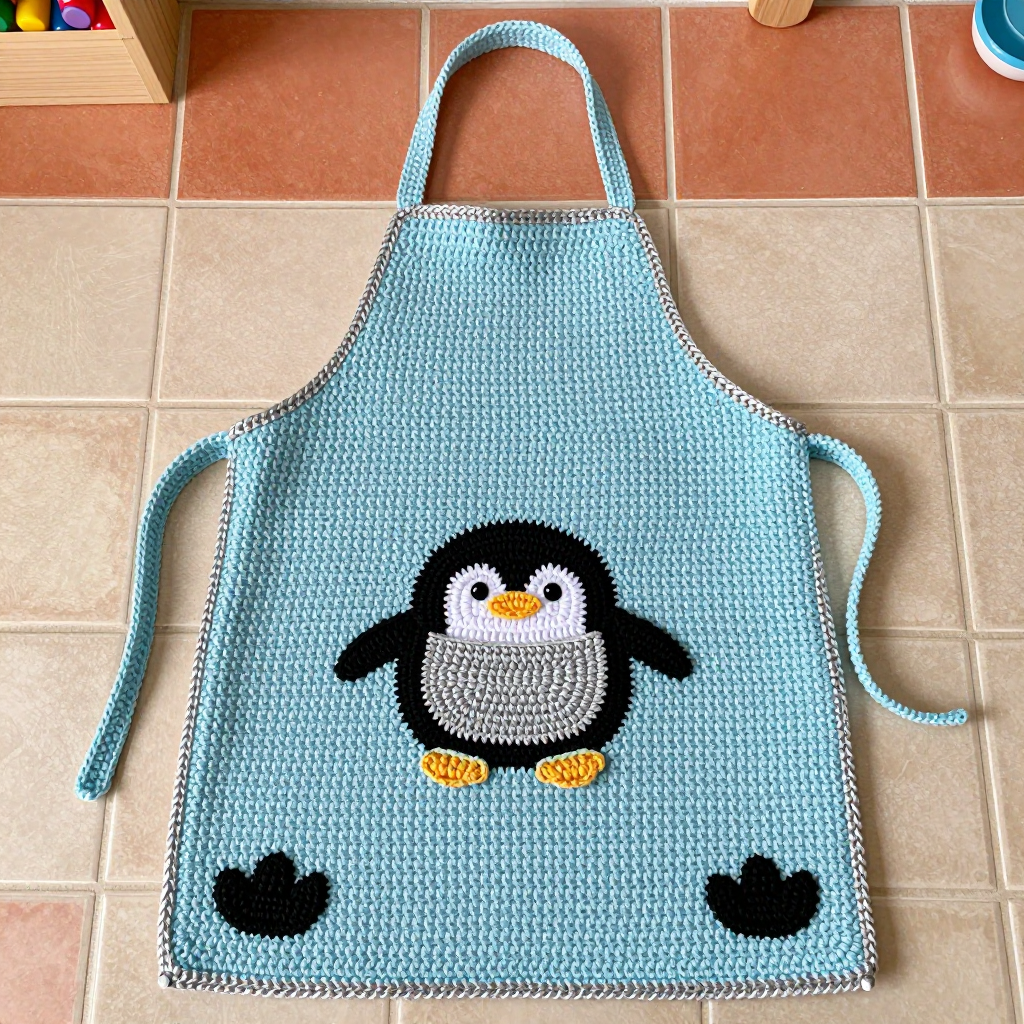 Penguin Pocket Chef Crochet Apron Free Pattern: Ice Blue & Silver Bib Apron