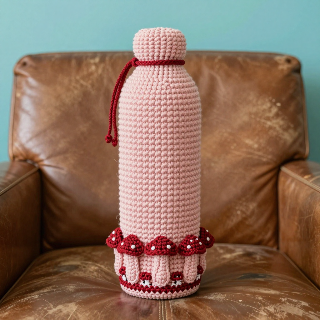 Toadstool Trim Water Bottle Cozy Free Pattern: Irish-Style Mushroom Lace Crochet