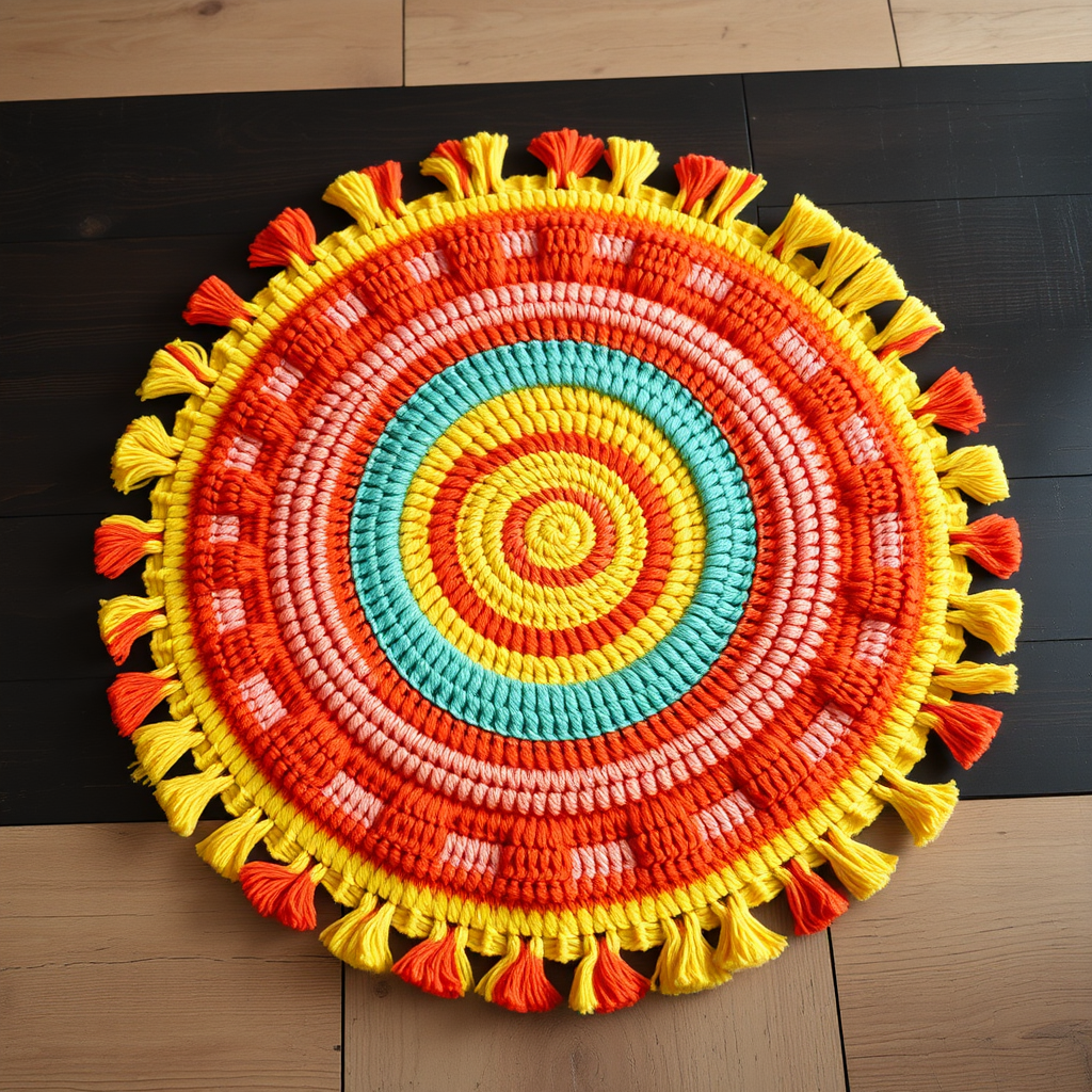 The Retro Ripple Sunburst Rug Free Pattern – A Knitted Bohemian Floor Accent with Woven Fringe