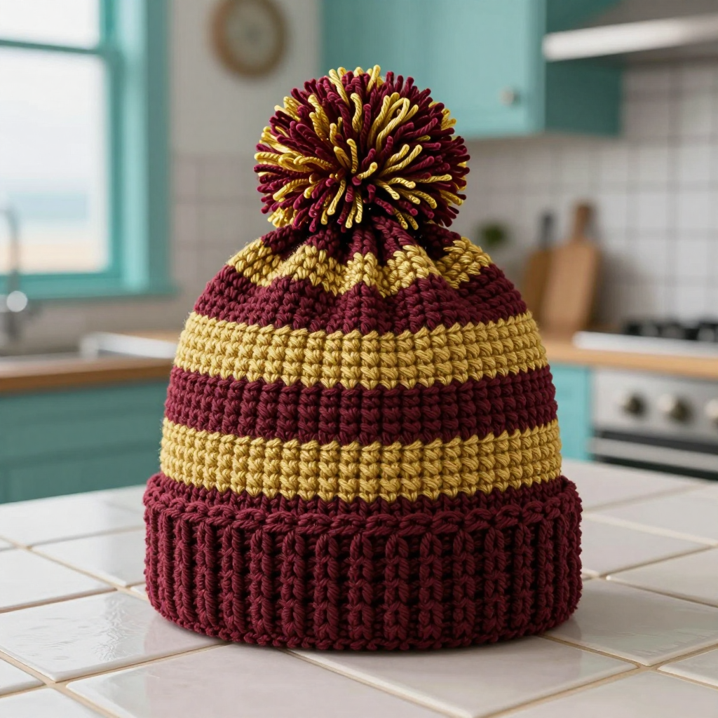 Two-Tone Pompom Beanie Free Crochet Pattern