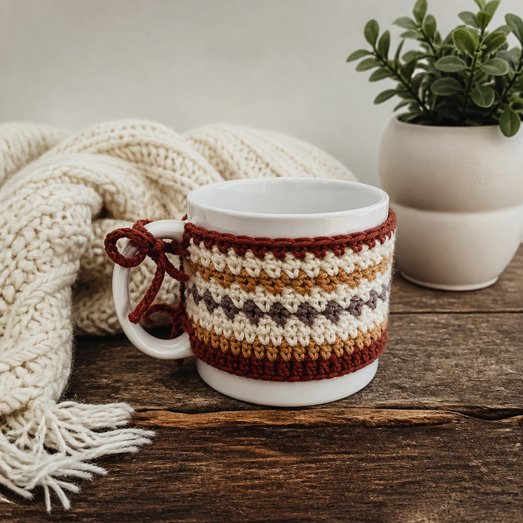 Crochet Earthy Striped Mug Cozy with Bow Tie Free Pattern