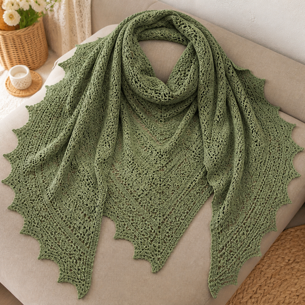 Crochet Elegant Lacy Green Triangular Shawl Free Pattern