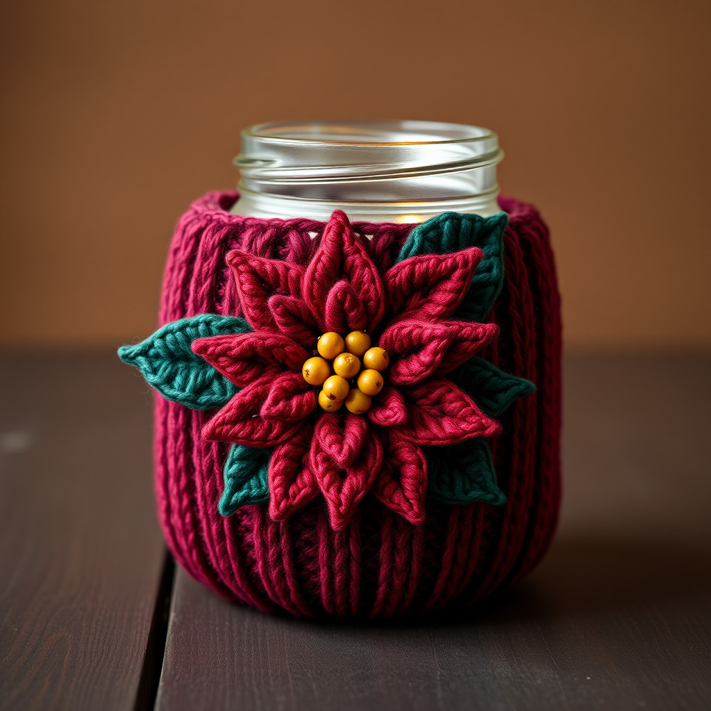 The Ember & Pine Poinsettia Jar Cozy Free Pattern – Knit a Festive Candlelight Cover