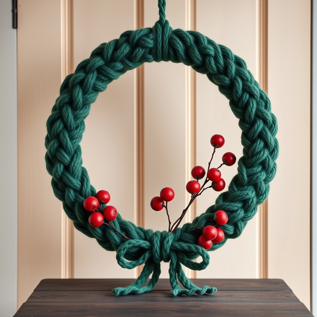 The Frosted Pines Wreath Free Pattern – A Knitted Evergreen Wreath with Cable-Knit Berries