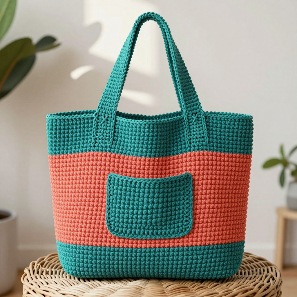 Teal Patch Pocket Tote: Free Crochet Pattern