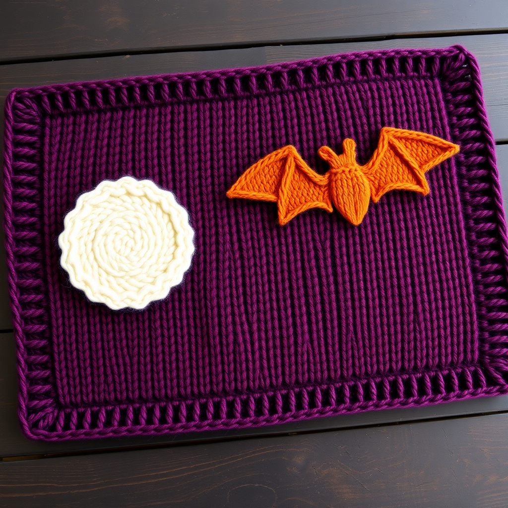 Celestial Harvest Bat & Moon Placemat Free Pattern – Textured Knit with Star Accents