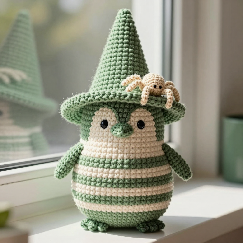 Sage & Cream Striped Penguin Crochet Pattern with Witch Hat — Free Pattern