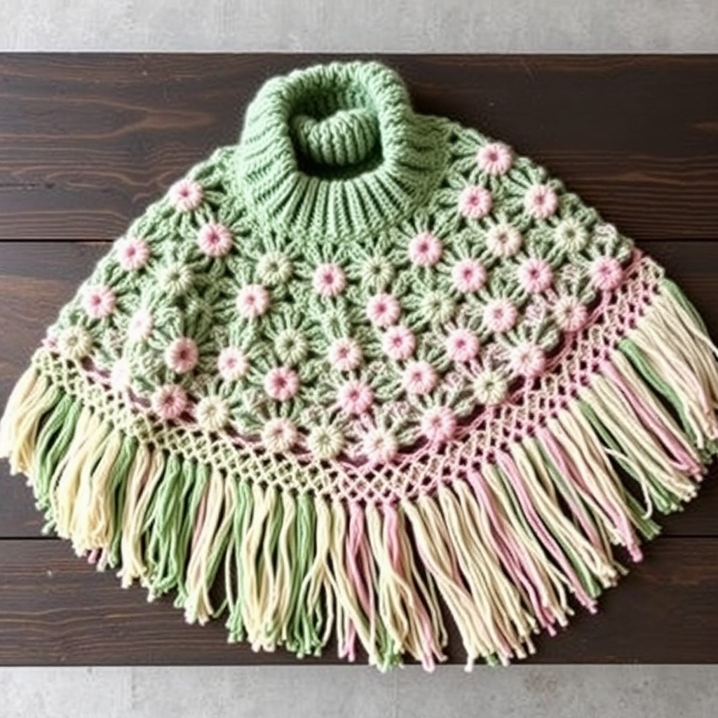 Meadowmist Blooming Poncho Capshawl with Fringe Free Pattern