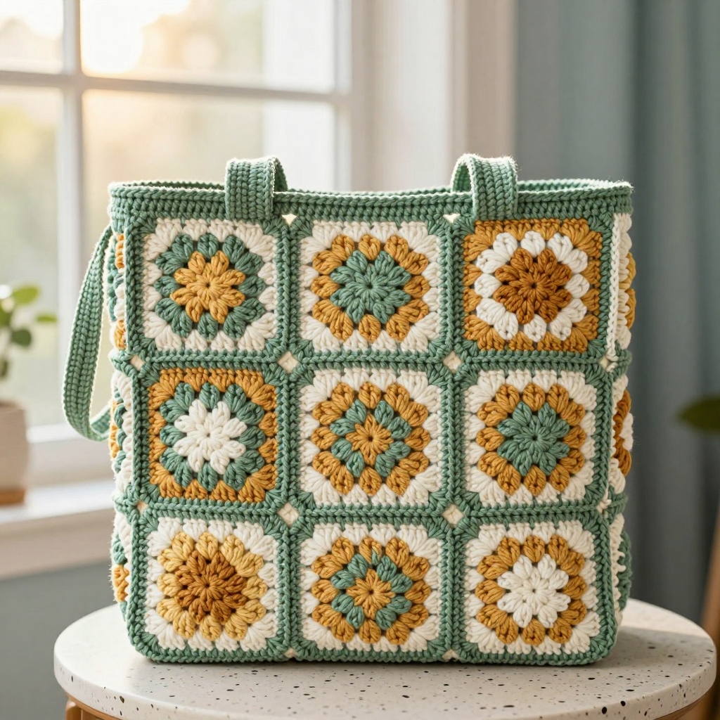 Meadow Patchwork Granny Square Carryall: Free Crochet Pattern