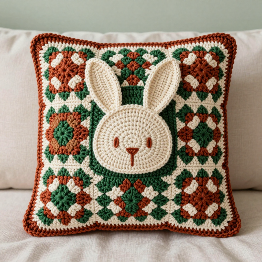 Bold Bunny Granny Square Crochet Cushion Free Pattern