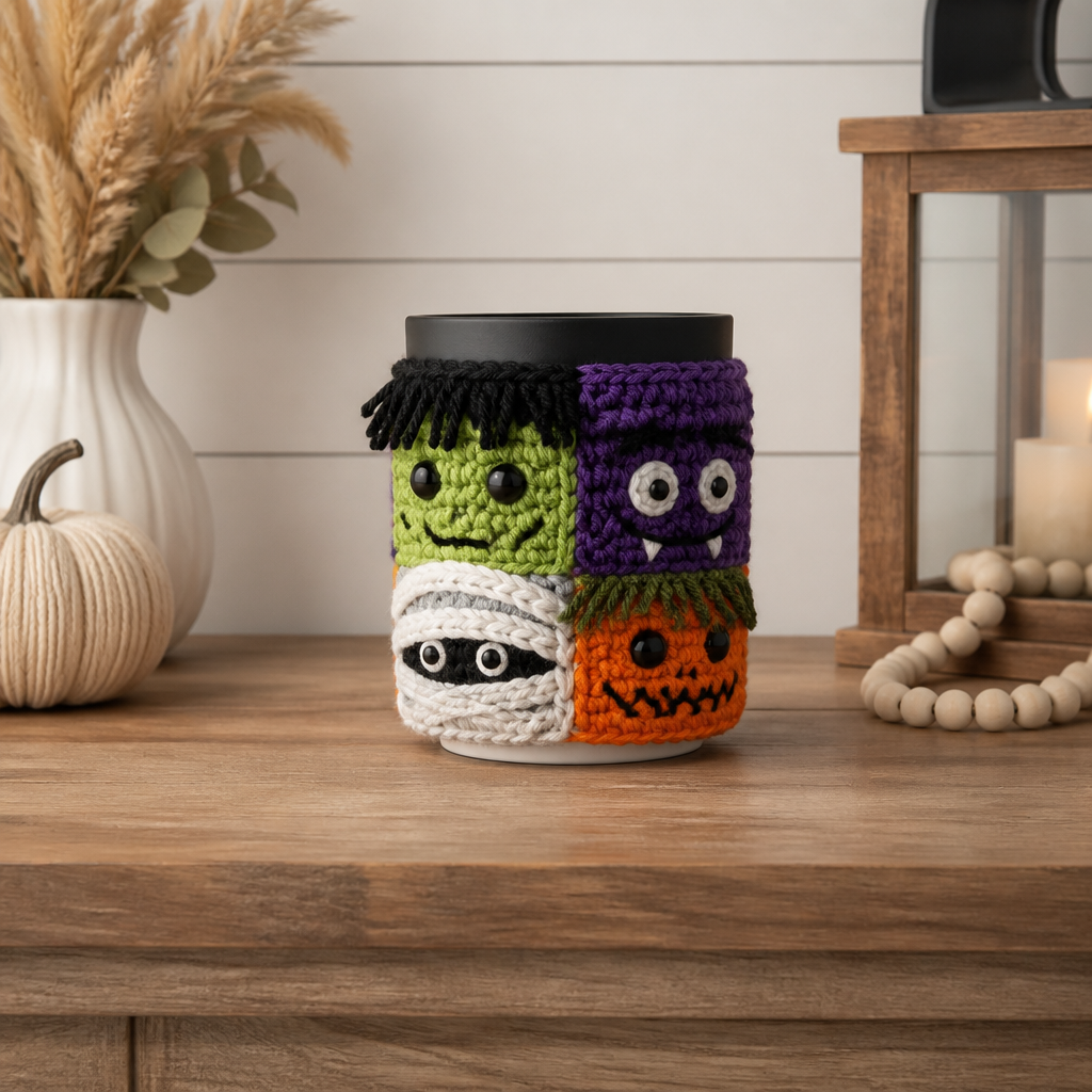 Crochet Colorful Halloween Monster Cup Cozy Free Pattern