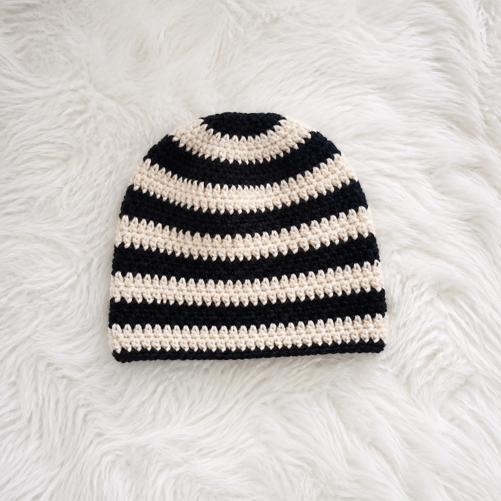 Crochet Chic Black and Cream Striped Beanie Free Pattern