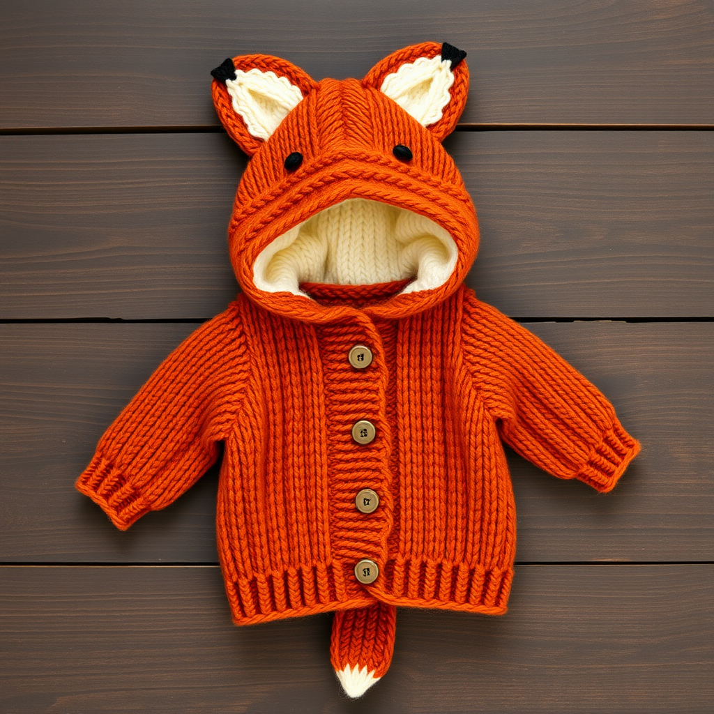 The Fablewood Fox Cardigan Free Pattern – A Knitted Baby Jacket with Pointed Hood and Tail Accent