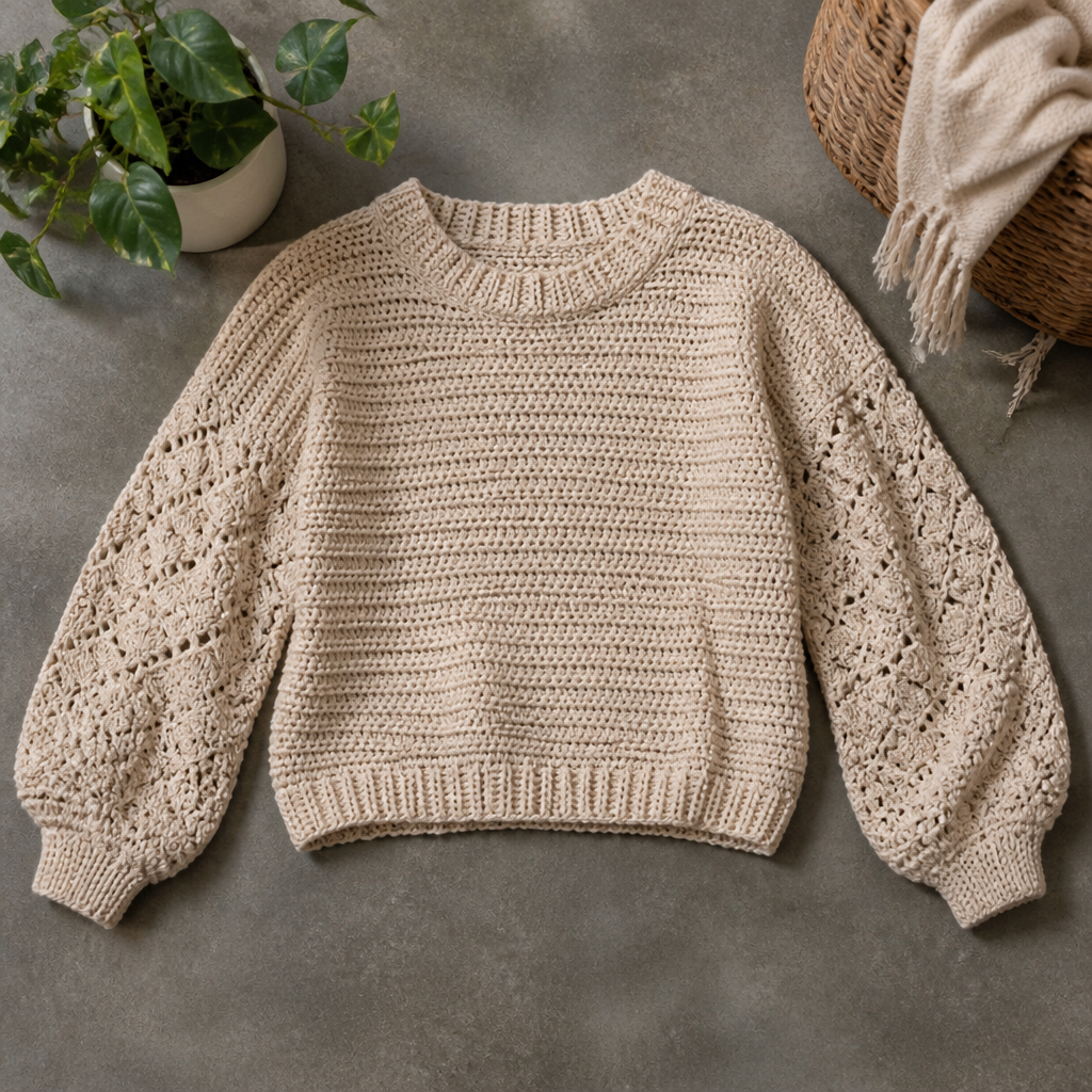 Crochet Elegant Lace-Sleeved Sweater Free Pattern