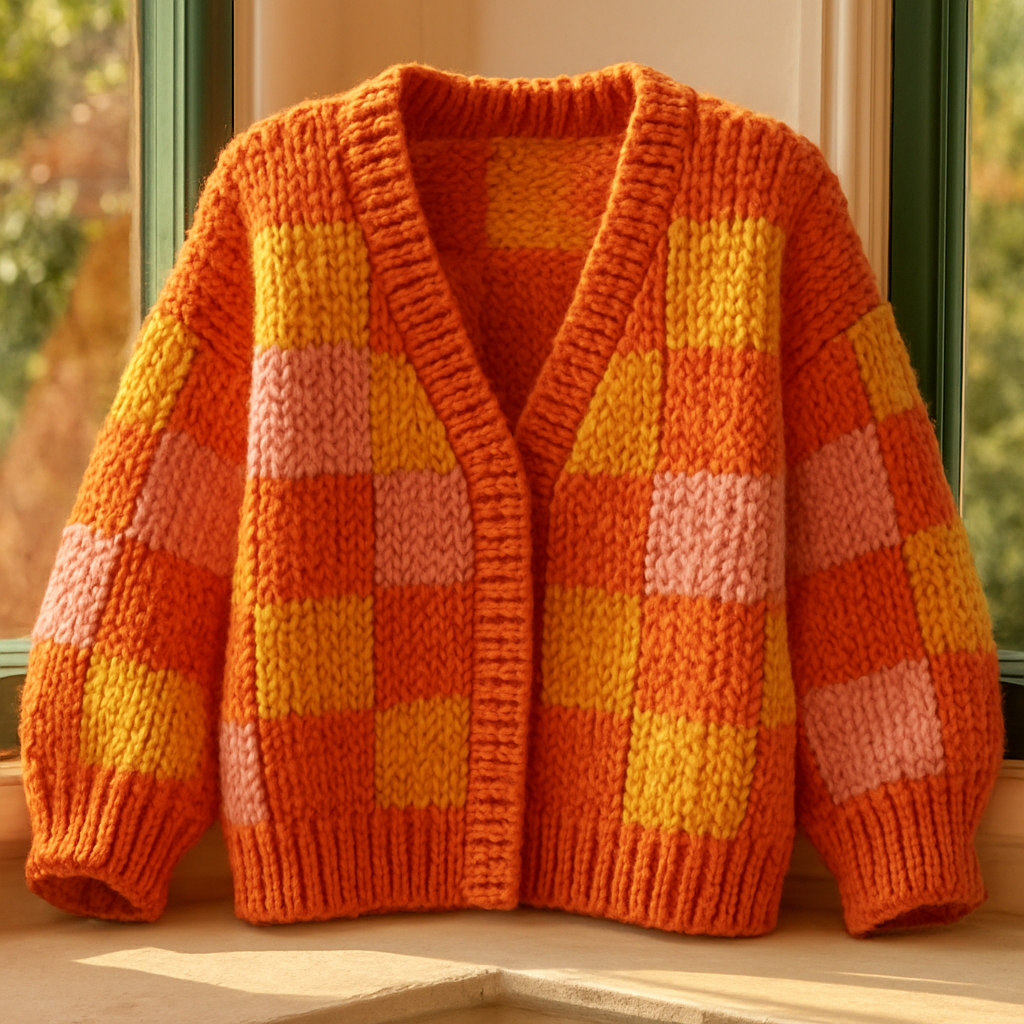 Avant-Garde Chunky Checkered Sunset Cardigan - Free Pattern