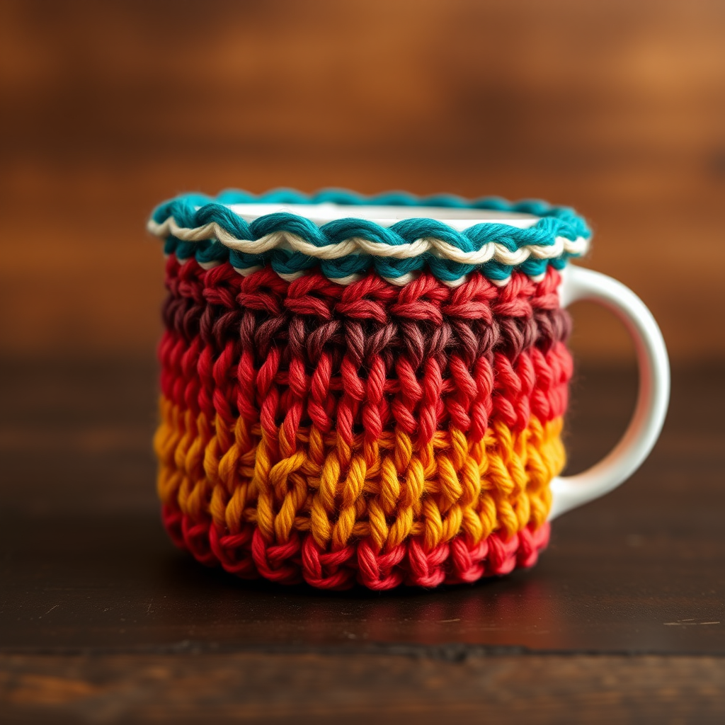 Aurora Ember Mug Cozy Free Pattern – Textured Crochet Sleeve with Gradient Flames