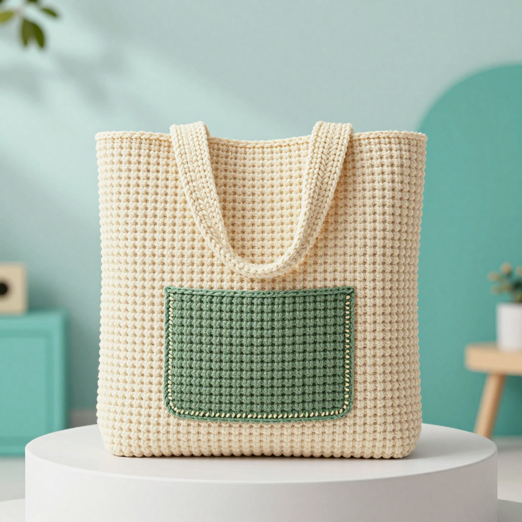 Cream Waffle Pocket Front Tote Free Crochet Pattern