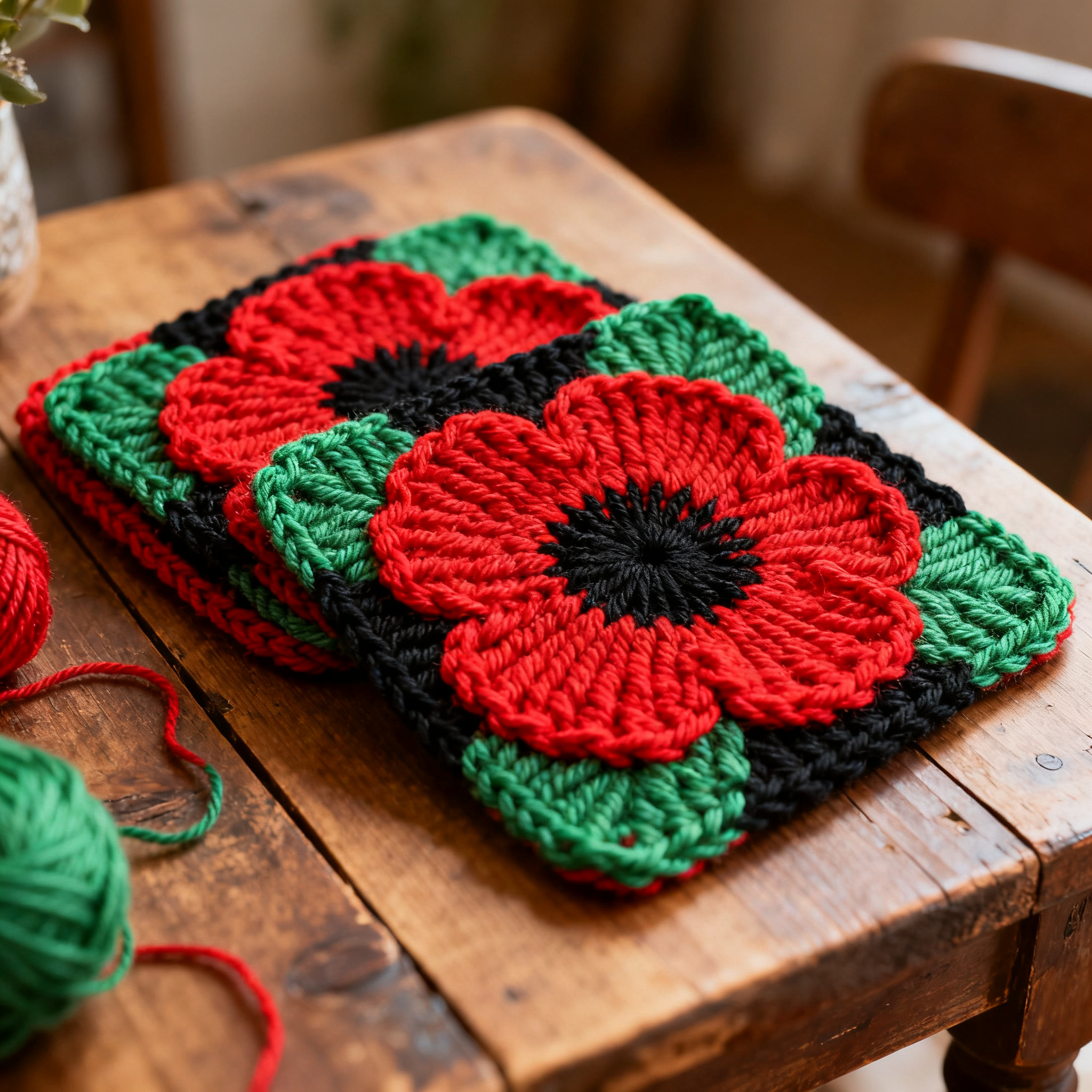 Retro Knit Poppy Coaster Set