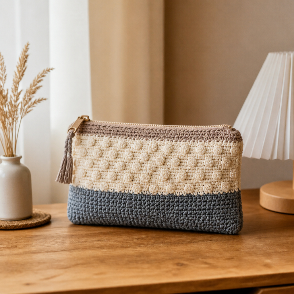 Crochet Textured Two-Tone Zippered Pouch Free Pattern