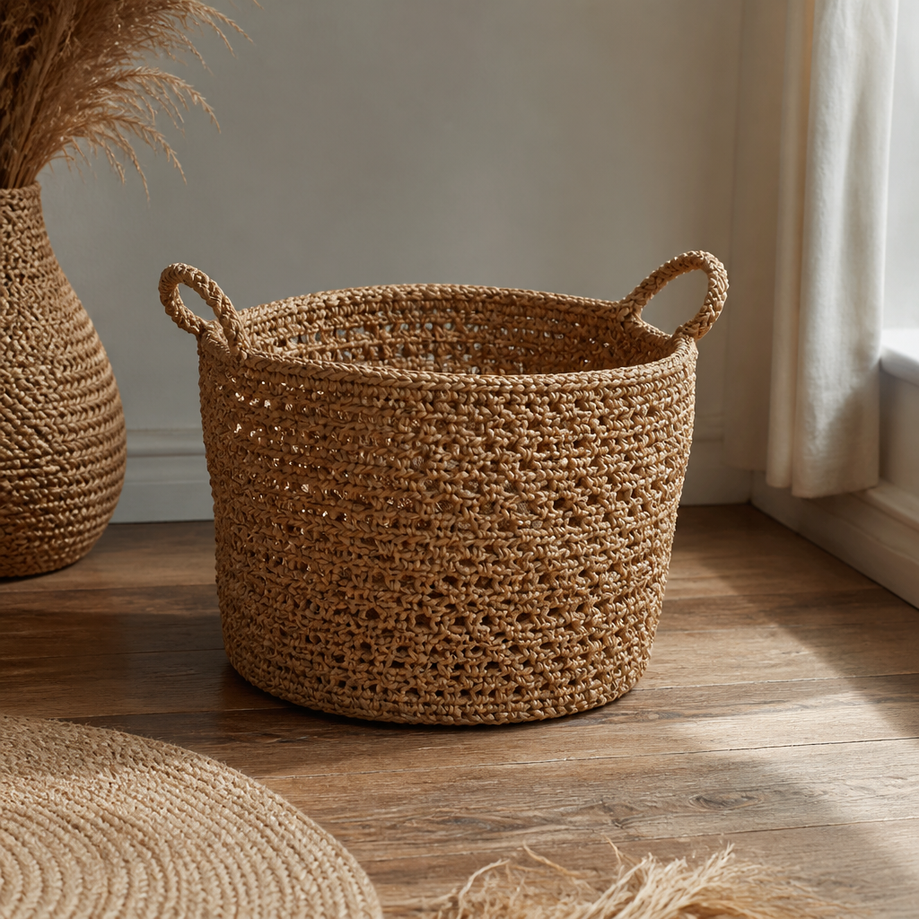 Crochet Sturdy Natural Raffia Basket with Handles Free Pattern