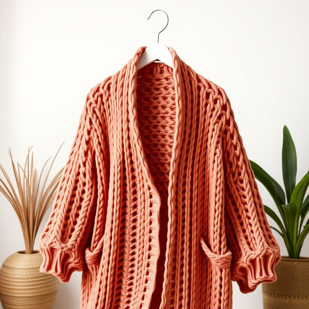 Chunky Coral Crochet Oversized Cardigan