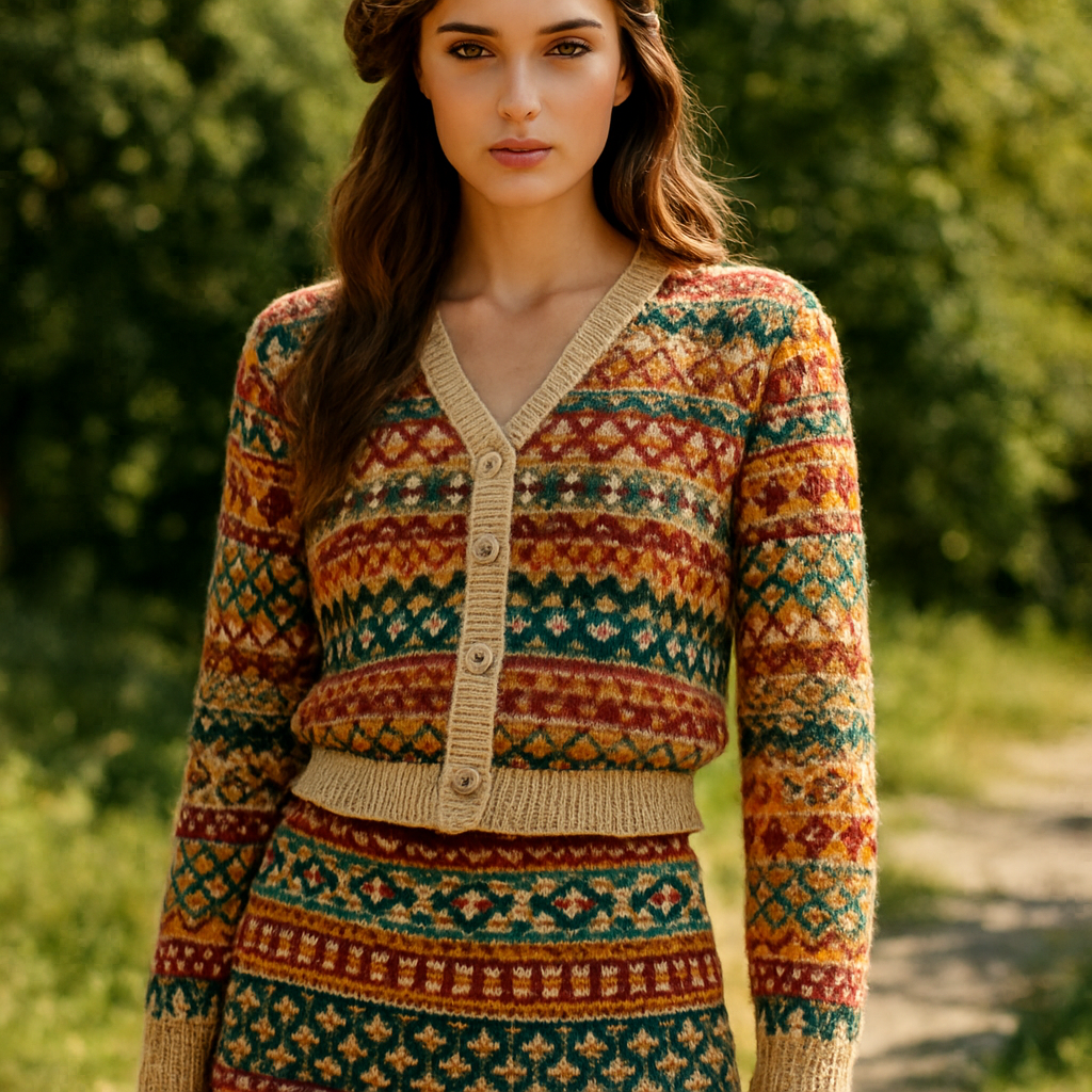 Knitted Vibrant Fair Isle Cardigan and Skirt Set Free Pattern