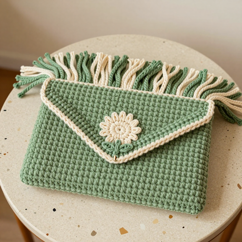 Thistle Fringe Clutch Free Crochet Pattern: A Fairycore Sage & Cream Bag