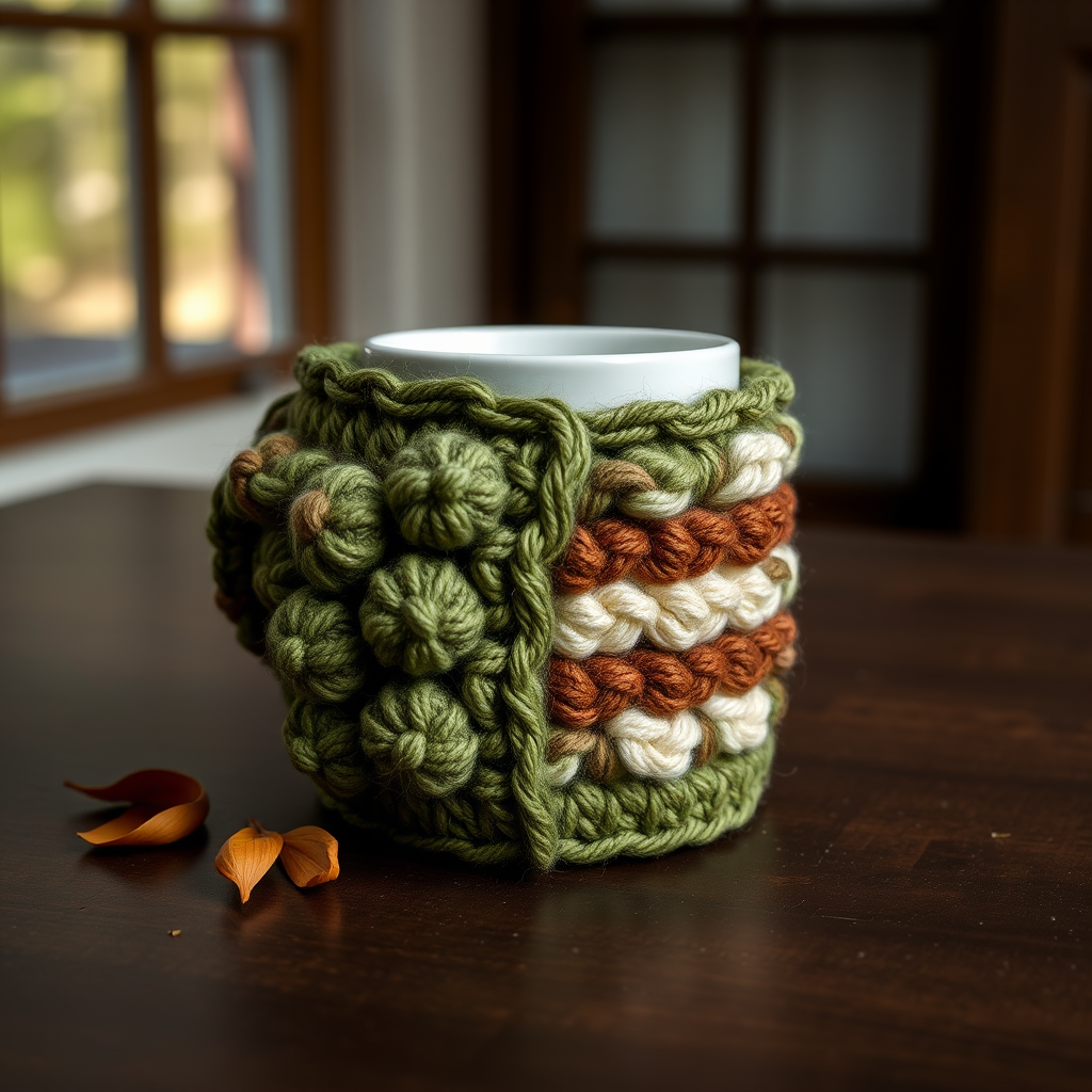 Whispering Pines Mug Cozy Free Pattern – Crochet a Forest Floor Sleeve