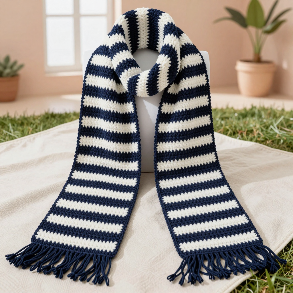 Dockside Stripe Mosaic Scarf Free Pattern: A Modern Navy & White Overlay Crochet Scarf
