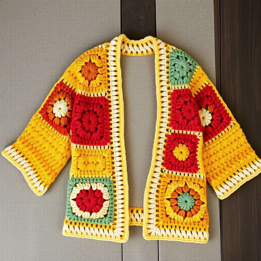 The Sunburst Meadow Cardi Free Pattern – A Crocheted Granny Square Sweater with Floral Motifs