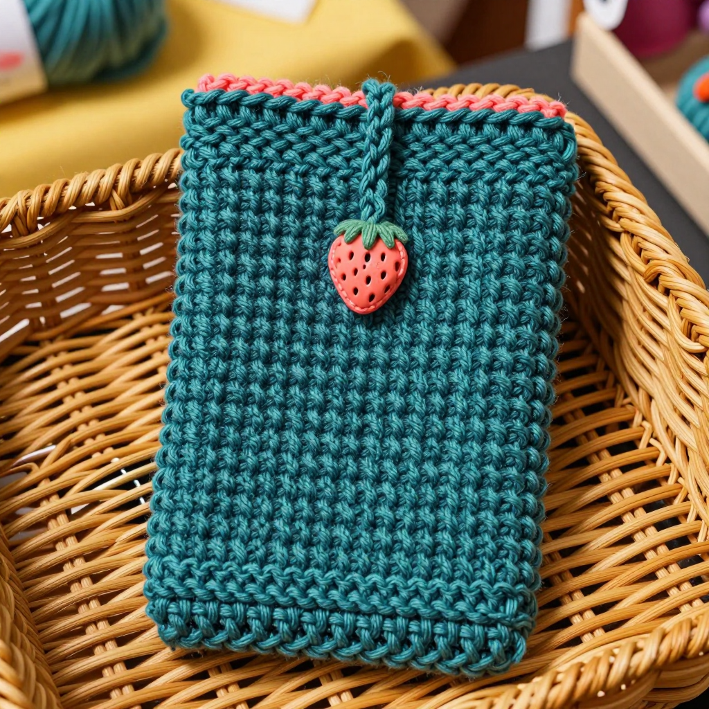 Teal Garter Stitch Phone Sleeve with Coral Strawberry Button Free Knit Pattern