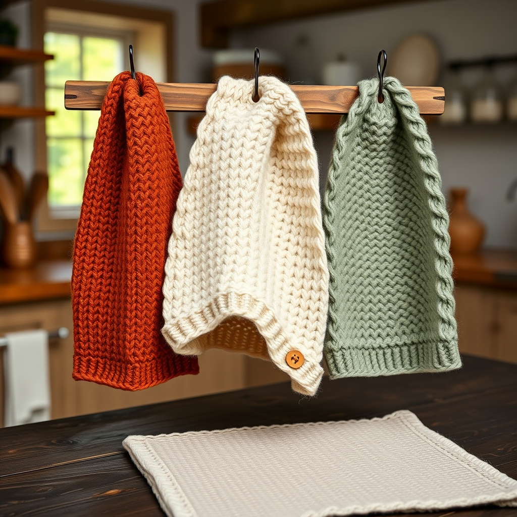 The Harvest Hearth Scrap Dishtowel Set Free Pattern – A Knitted Trio of Textured Towels with Woodland Button Tabs