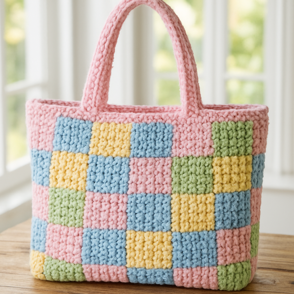 Avant-Garde Chunky Pastel Checkered Tote - Free Pattern