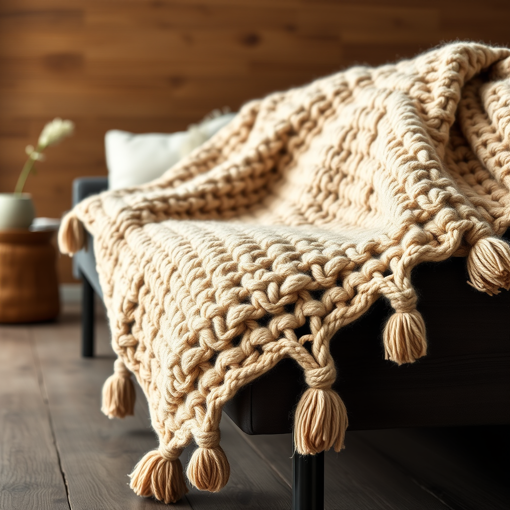 Driftwood Dune Chunky Throw Blanket Free Pattern – Knitted with Woven Texture and Tassel Trim