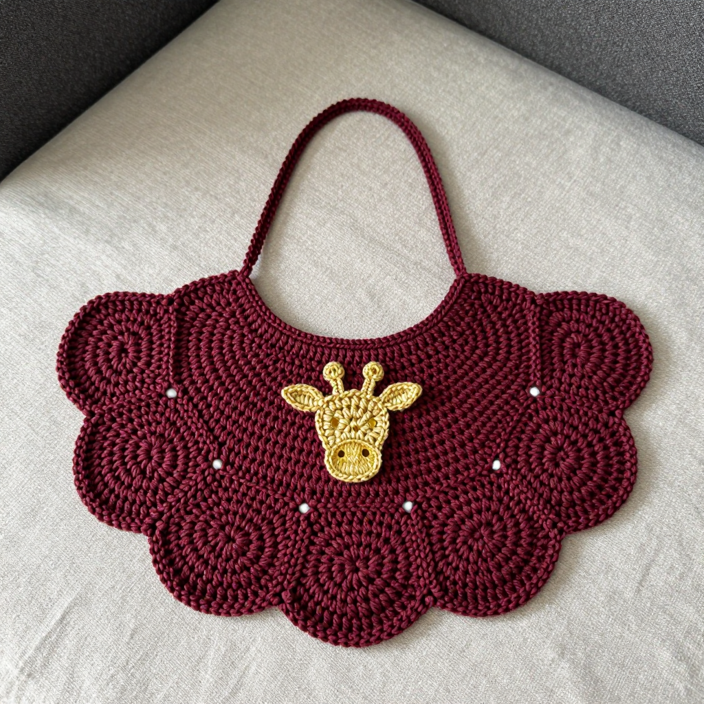 Savanna Burst Hexagon Bib Free Crochet Pattern: Burgundy & Gold Giraffe Motif
