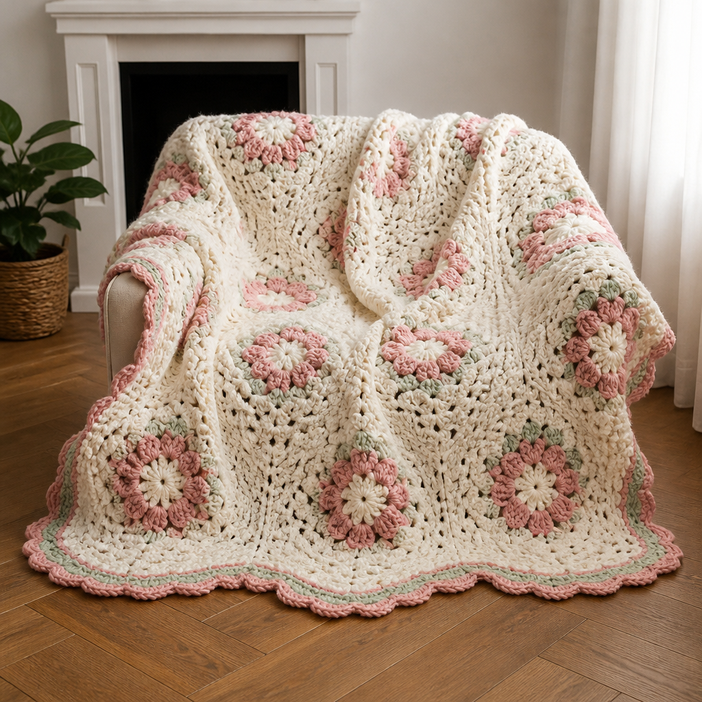 Crochet Elegant Floral Granny Square Blanket Free Pattern
