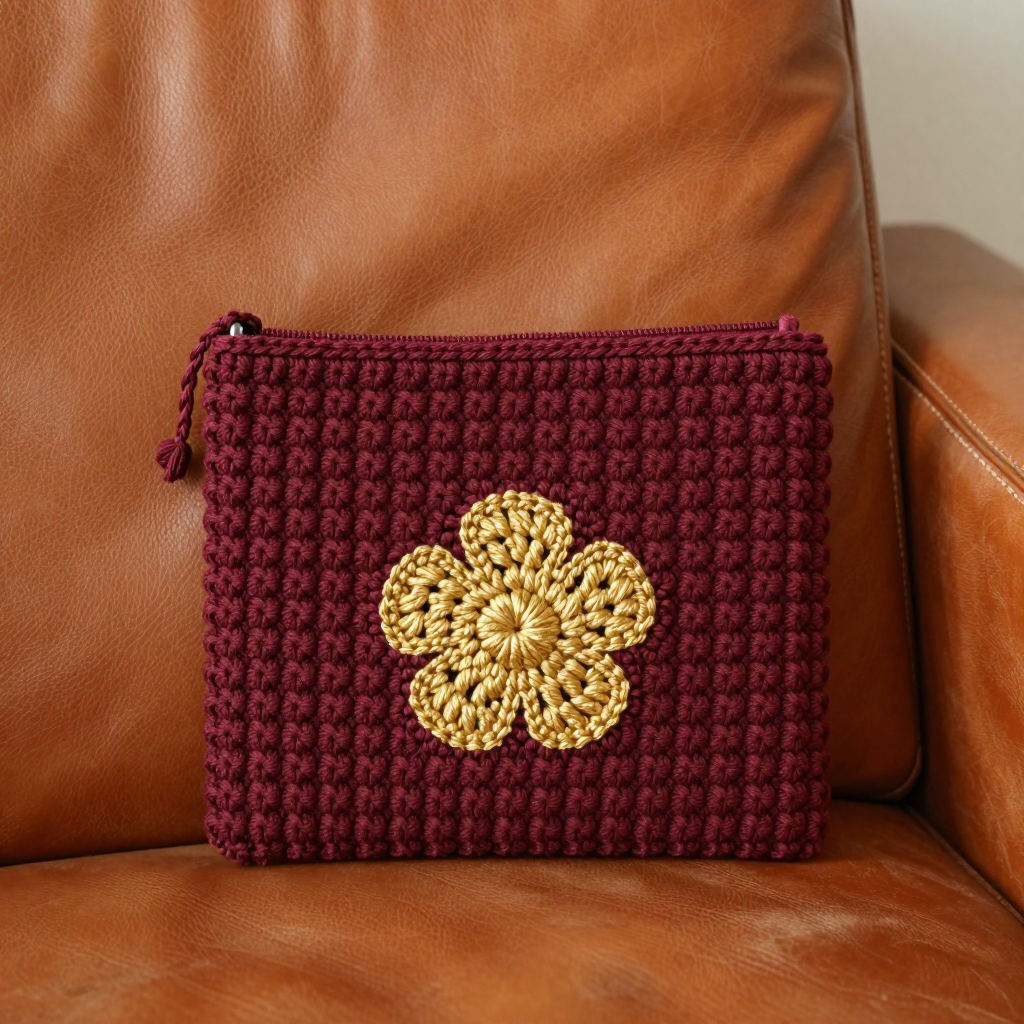 Lasso Coil Sunglasses Pouch Free Crochet Pattern: Burgundy Shell Stitch with Gold Flower Appliqué