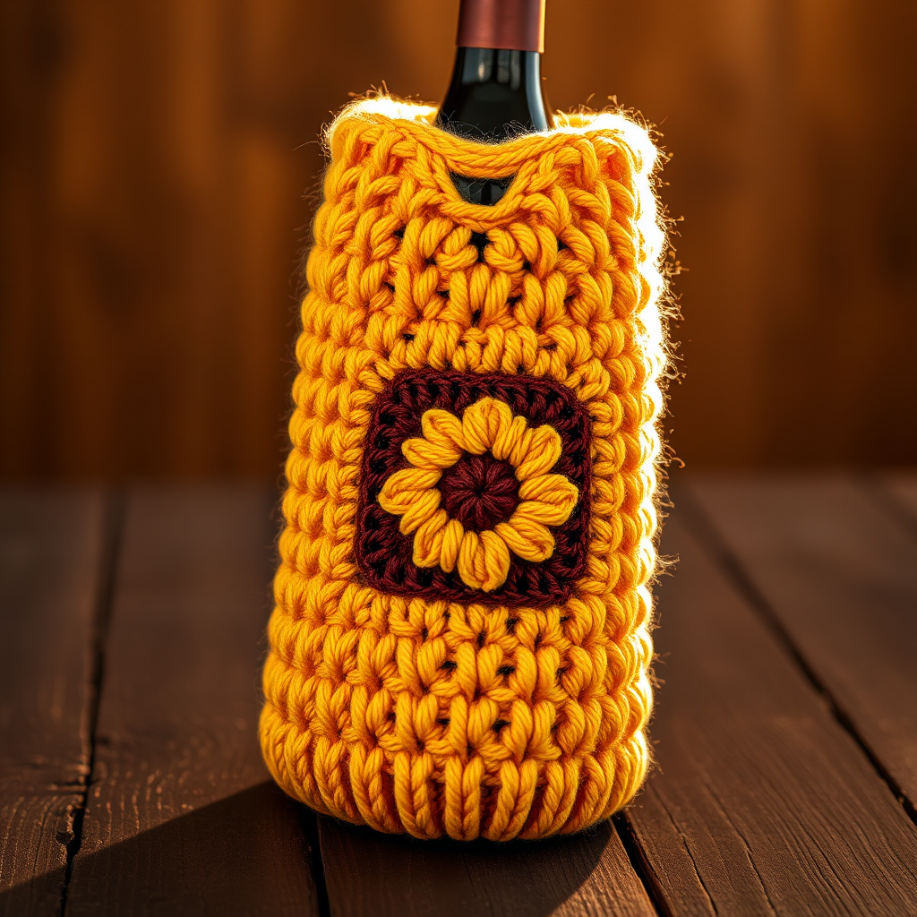 The Golden Hour Wine Cozy: A Free Knitting Pattern for a Textured, Sunflower-Embellished Sleeve