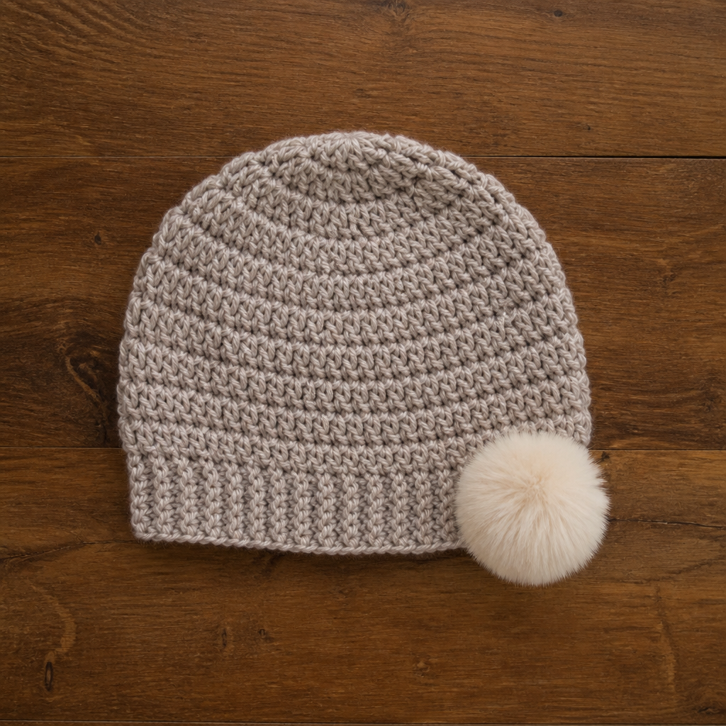 Crochet Simple Ribbed Beanie with Fluffy Pom-Pom Free Pattern