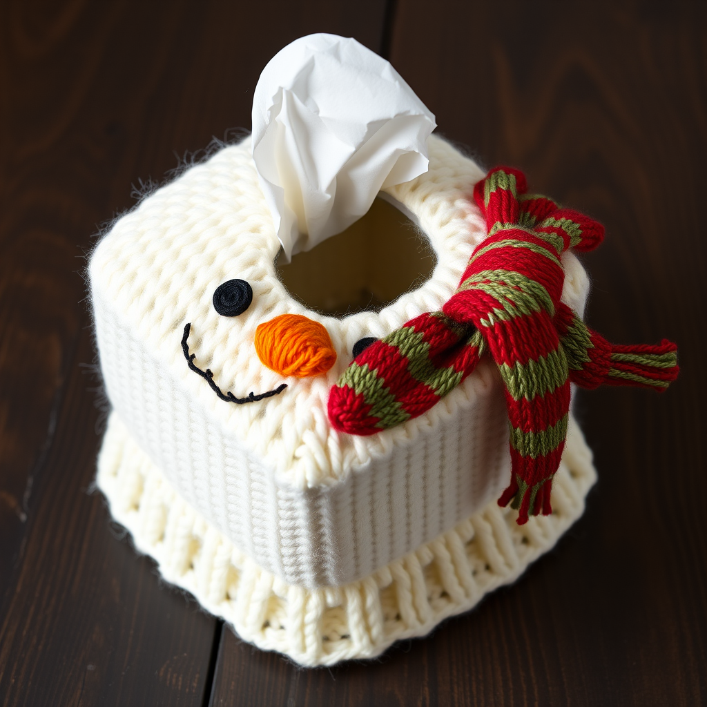 Frosty Nook Tissue Box Cover Free Pattern – Knit Snowman Head with Scarf