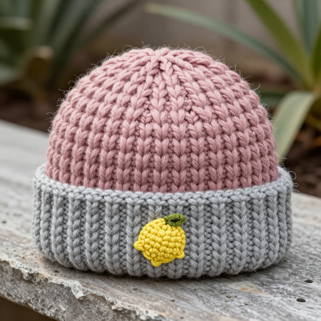 Free Pattern: Grey Basket Band Knit Cap with Rose Lemon Appliqué for Babies