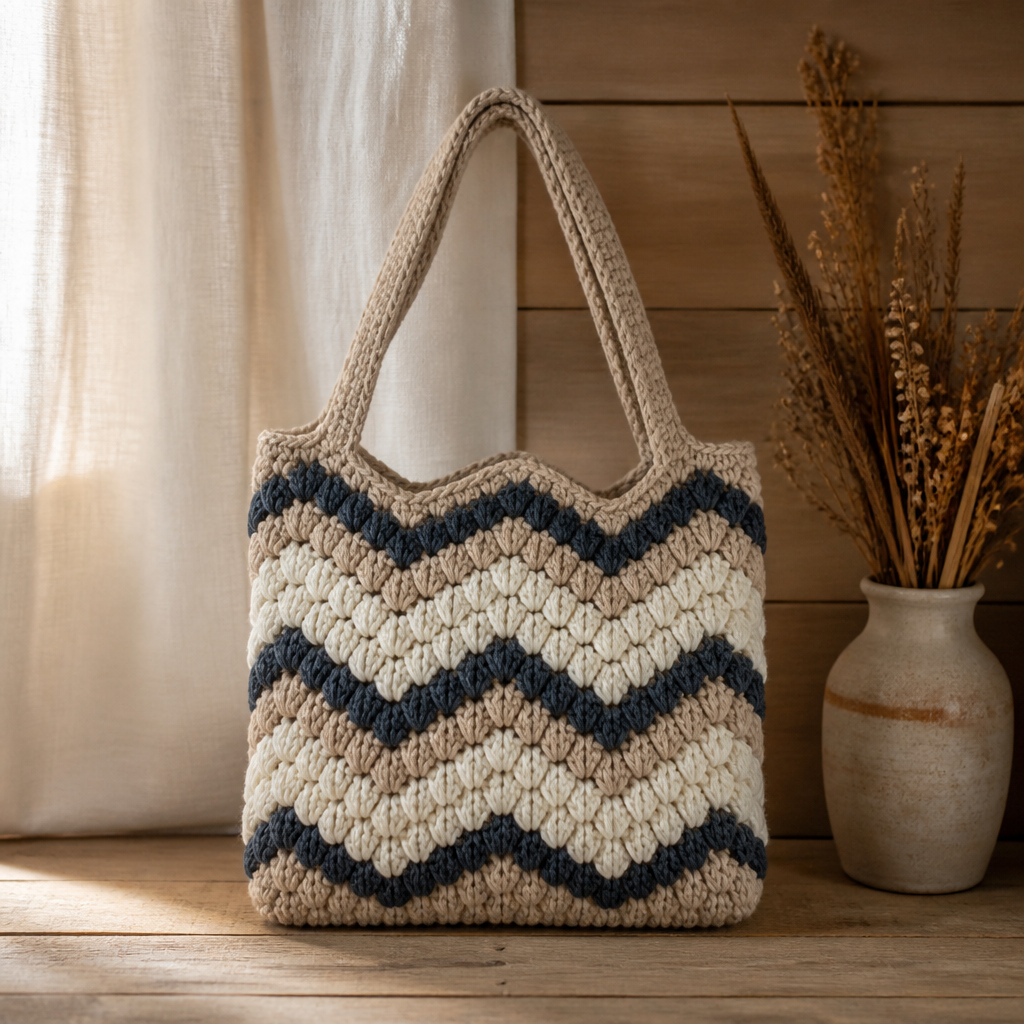 Crochet Elegant Chevron Puff Stitch Shoulder Bag Free Pattern