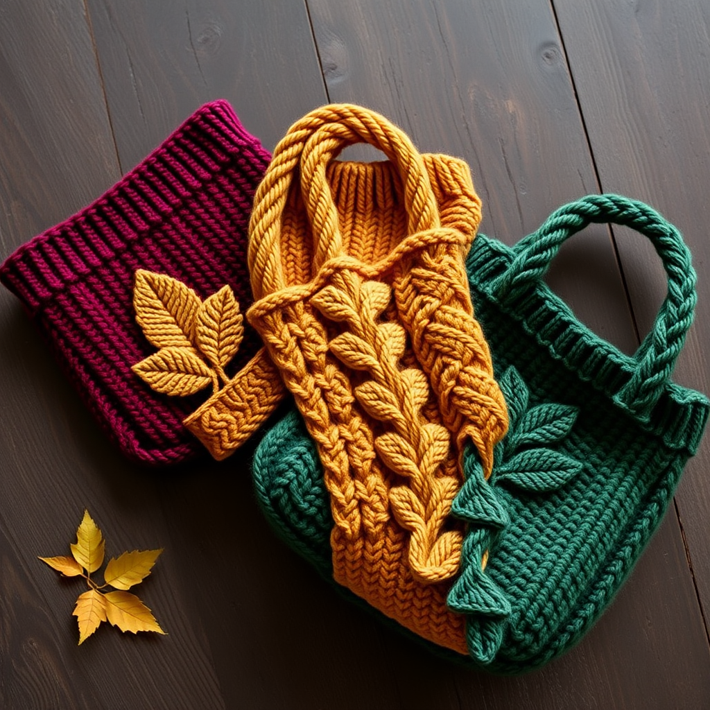 Enchanted Orchard Harvest Basket Trio Free Pattern – Knitted Cable & Leaf Motif Bags