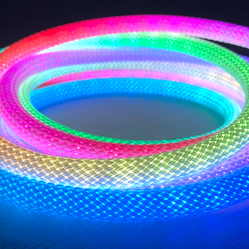 חבל לד RGB דיגיטלי ארוג עגול 360 בעובי 16mm מתח 5V עוצמה 6W למטר זרם 1.2A למטר צ’יפ 2811IC מוגן מים