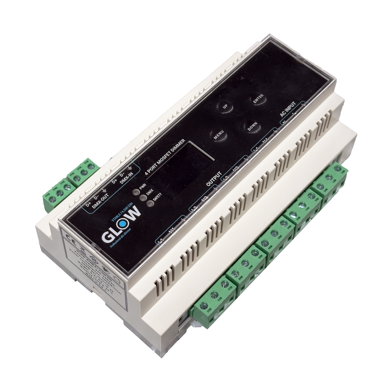 דימר ממוחשב GLOW STABLE 4.500 DIN עם מסך שליטה, מערכת הגנה נגד קצרים ומערכת גיבוי לפיקוד 4 יציאות עו