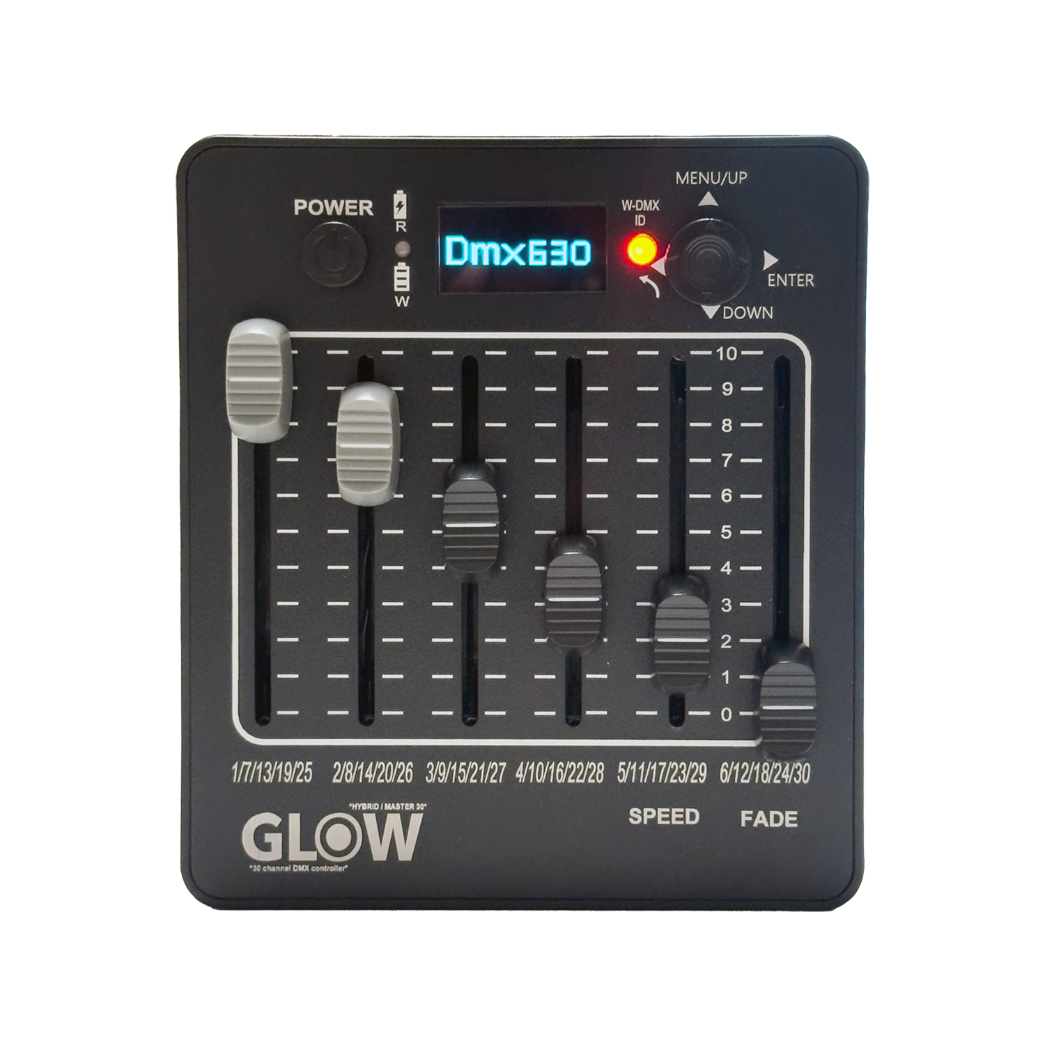 פיקוד DMX אלחוטי מיני GLOW HYBRID MASTER 30 נטען עם 30 ערוצים ו6 סליידרים שולט בפנסים וטיובות עם DMX